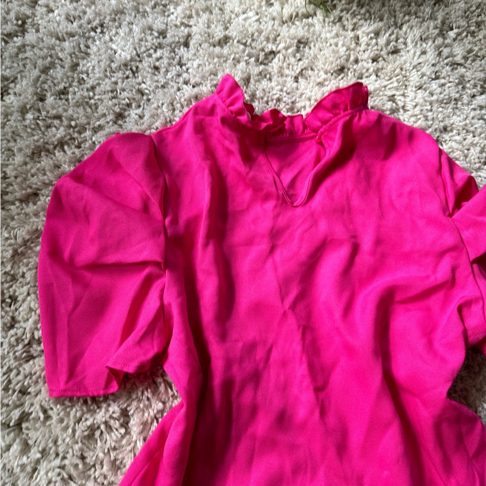 hot pink short sleeve turtleneck frilly evening going out women’s blouse… - Picture 2 of 4